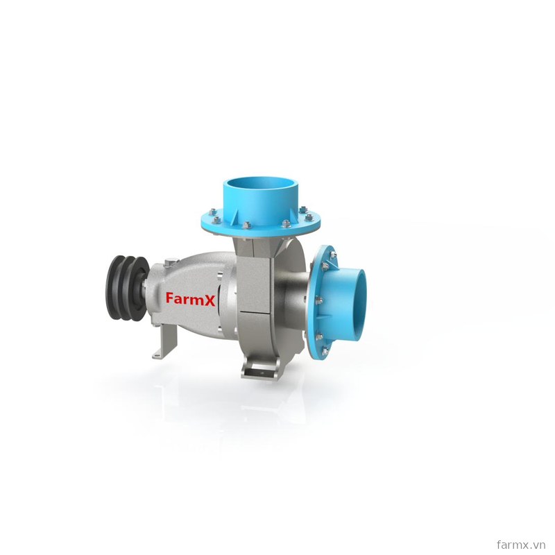 Đầu bơm nước FarmX C114 thân inox 304, cổ hút trên và cổ xả ngang sơn xanh, có puly đôi kéo dây curoa