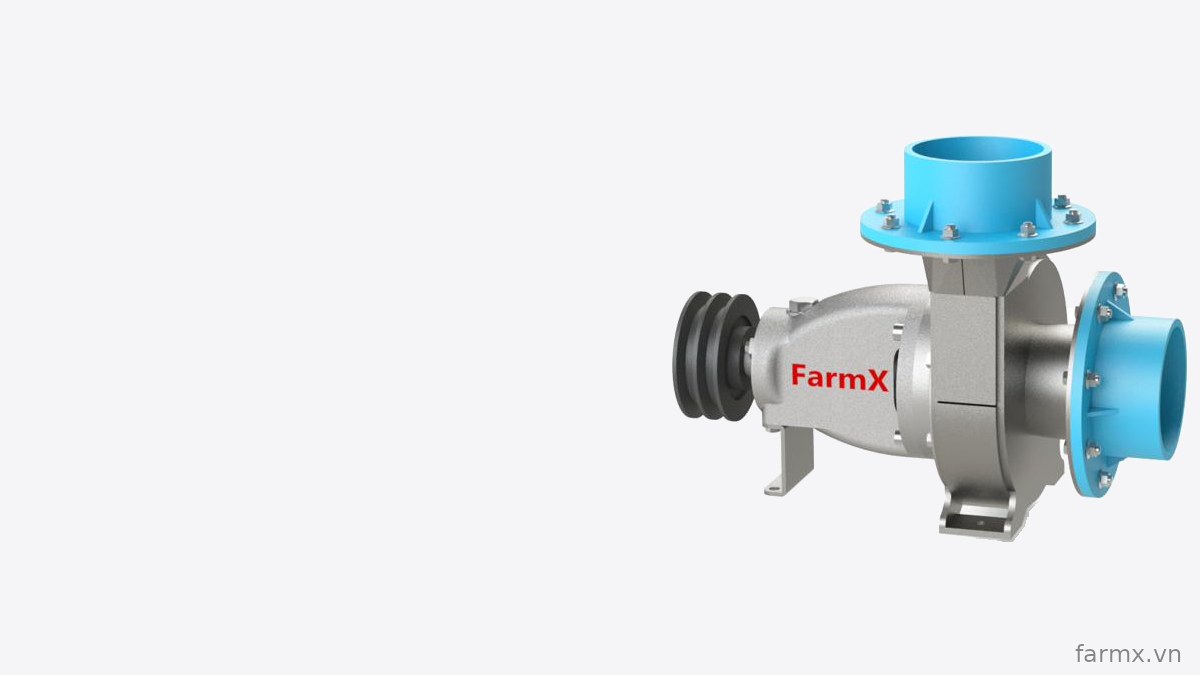 Đầu bơm nước FarmX C114 thân inox 304, cổ hút trên và cổ xả ngang sơn xanh, có puly đôi kéo dây curoa
