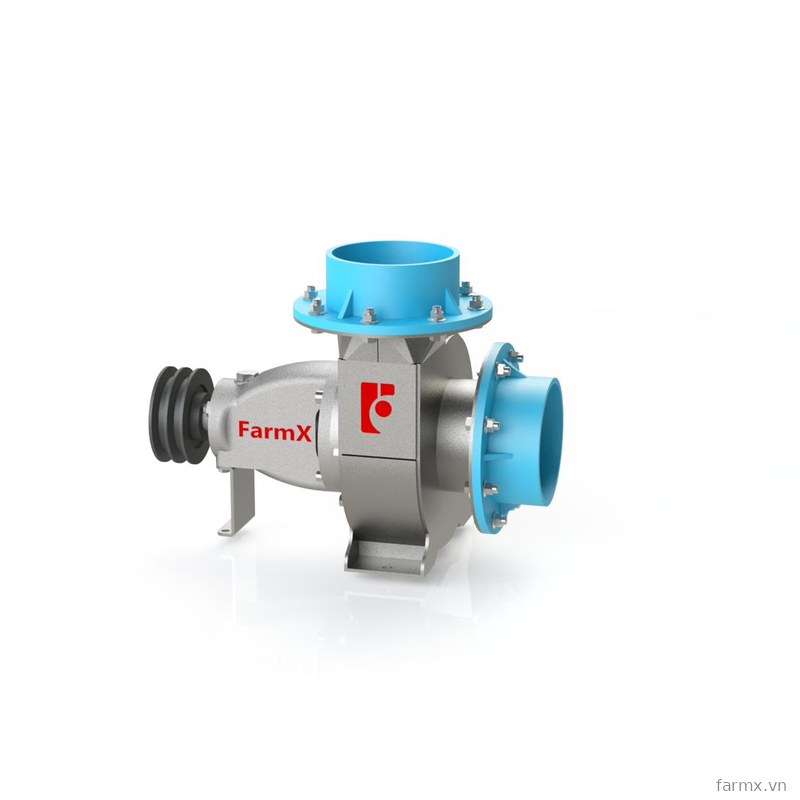 Đầu bơm nước FarmX C140 thân inox 304, hai cổ ống sơn xanh bắt bích bulong, puly đôi và chân đế thép