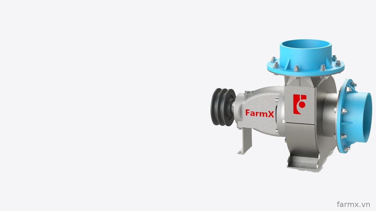Đầu bơm nước FarmX C140 thân inox 304, hai cổ ống sơn xanh bắt bích bulong, puly đôi và chân đế thép