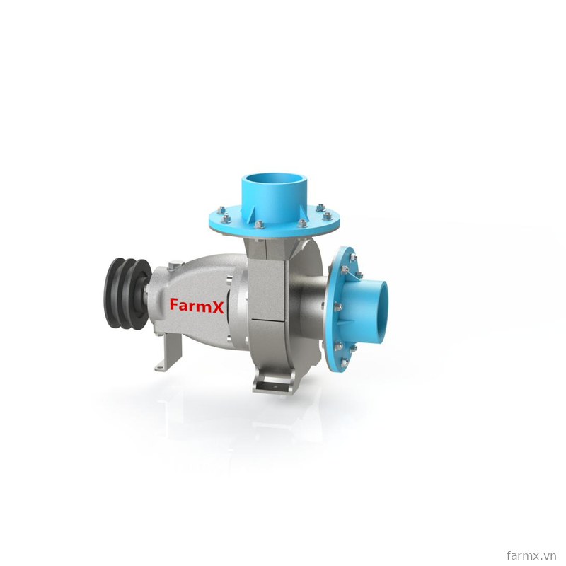 Đầu bơm nước FarmX C90 thân inox 304, cổ hút và cổ xả sơn xanh, thấy rõ puly đôi và chân đế bắt bulong