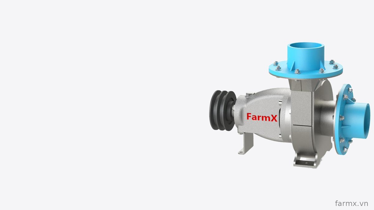 Đầu bơm nước FarmX C90 thân inox 304, cổ hút và cổ xả sơn xanh, thấy rõ puly đôi và chân đế bắt bulong