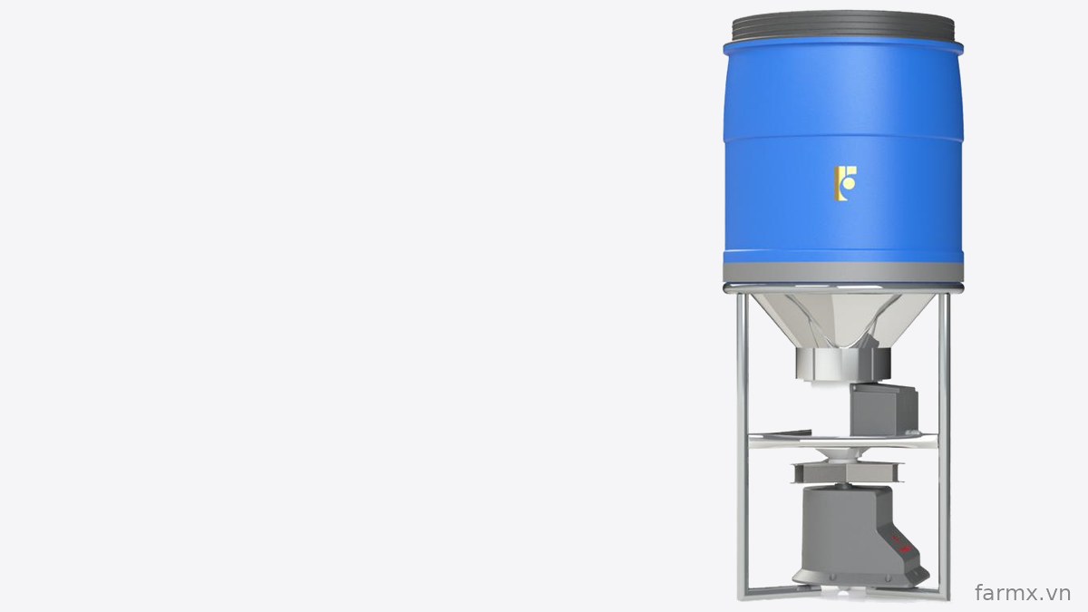 Máy cho tôm ăn FarmX A30 phễu inox sáng nhìn thẳng, khung inox, đĩa rải và mô tơ dưới đáy phễu