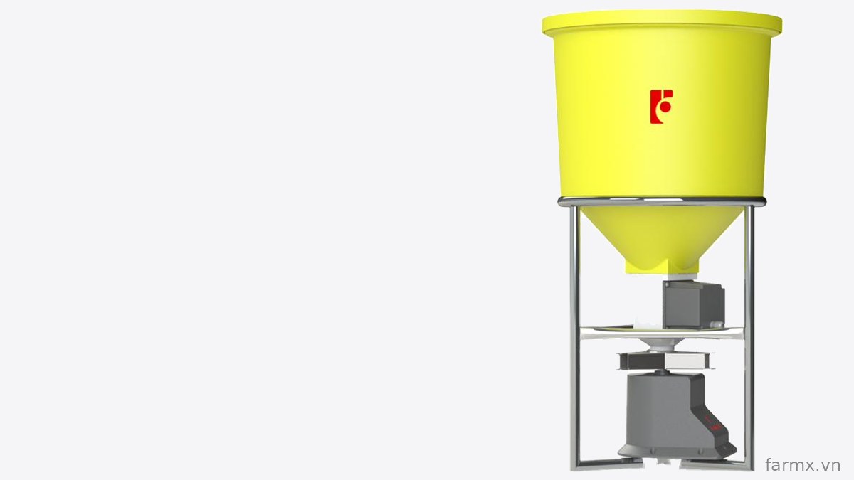 Máy cho tôm ăn FarmX A30 phễu nhựa vàng nhìn thẳng, thấy khung inox bốn chân, đĩa rải và mô tơ dưới đáy phễu