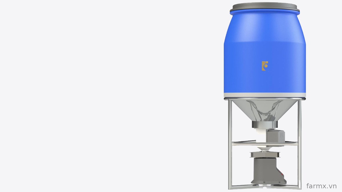 Máy cho tôm ăn FarmX A50 phễu inox sáng nhìn thẳng, khung inox, đĩa rải và mô tơ dưới đáy phễu