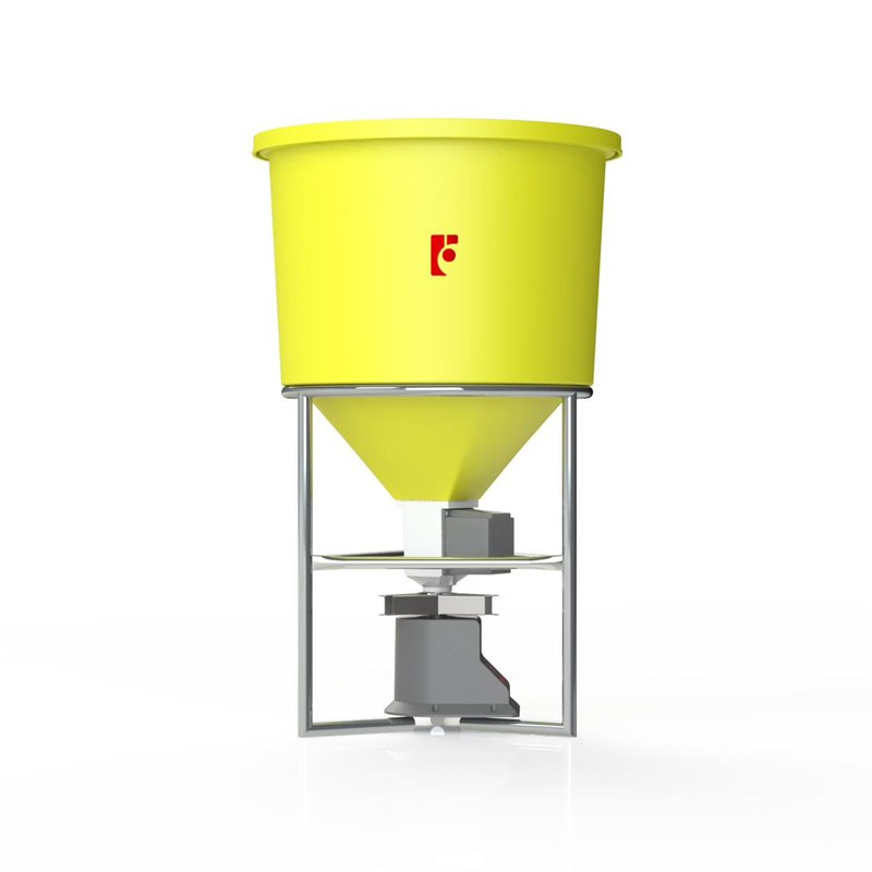 Máy cho tôm ăn FarmX A50 phễu nhựa vàng cỡ hai bao nhìn thẳng, thấy khung inox, đĩa rải và mô tơ dưới đáy phễu