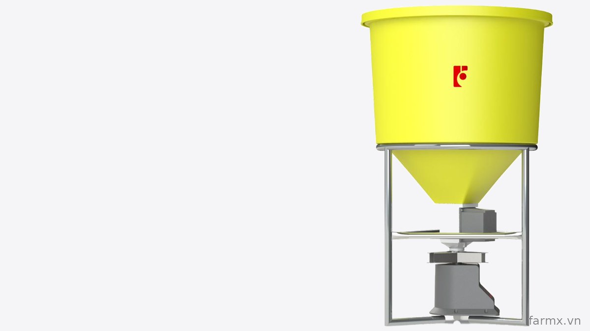 Máy cho tôm ăn FarmX A50 phễu nhựa vàng cỡ hai bao nhìn thẳng, thấy khung inox, đĩa rải và mô tơ dưới đáy phễu