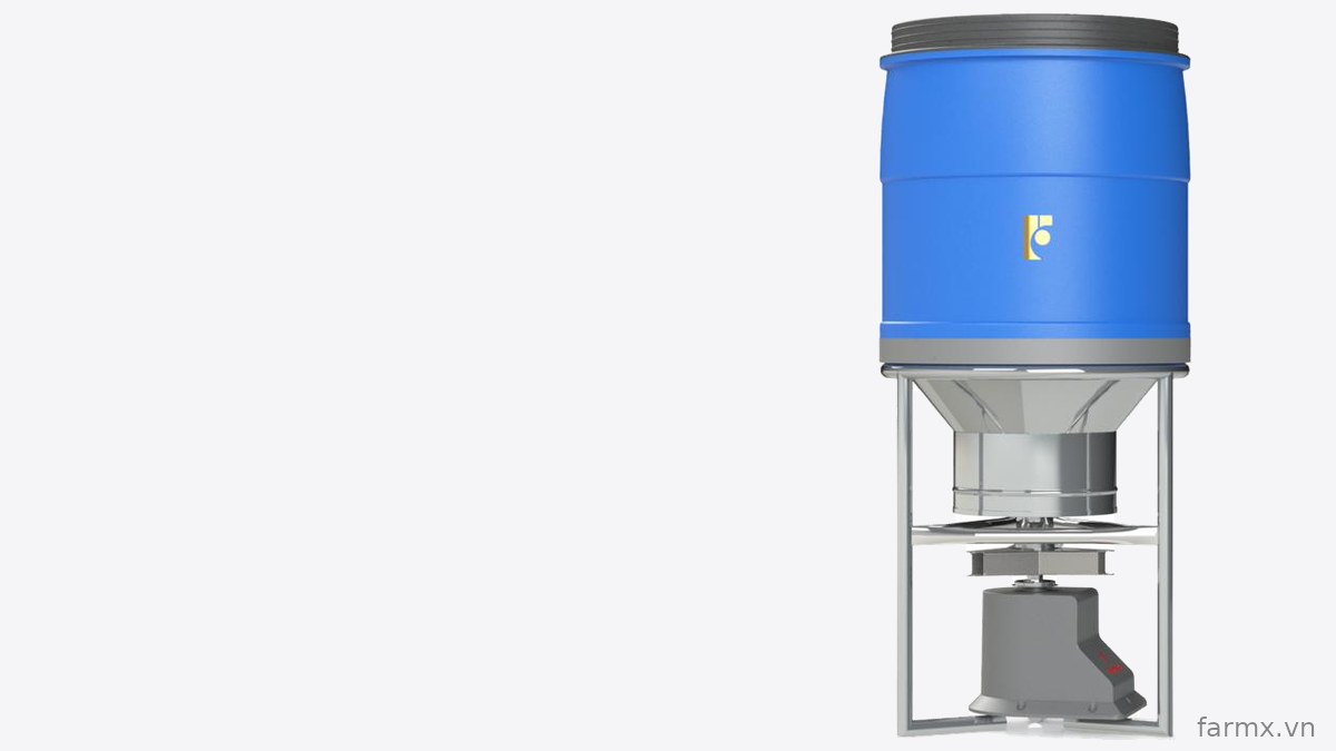 Máy cho tôm ăn FarmX T30 phễu inox sáng nhìn thẳng, khung inox, đĩa rải và núm vặn chỉnh lượng cám