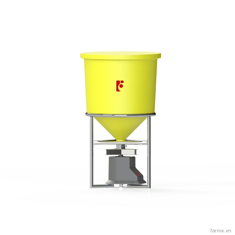 Máy cho tôm ăn FarmX T30 phễu nhựa vàng nhìn thẳng, thấy khung inox, đĩa rải và núm vặn chỉnh lượng cám