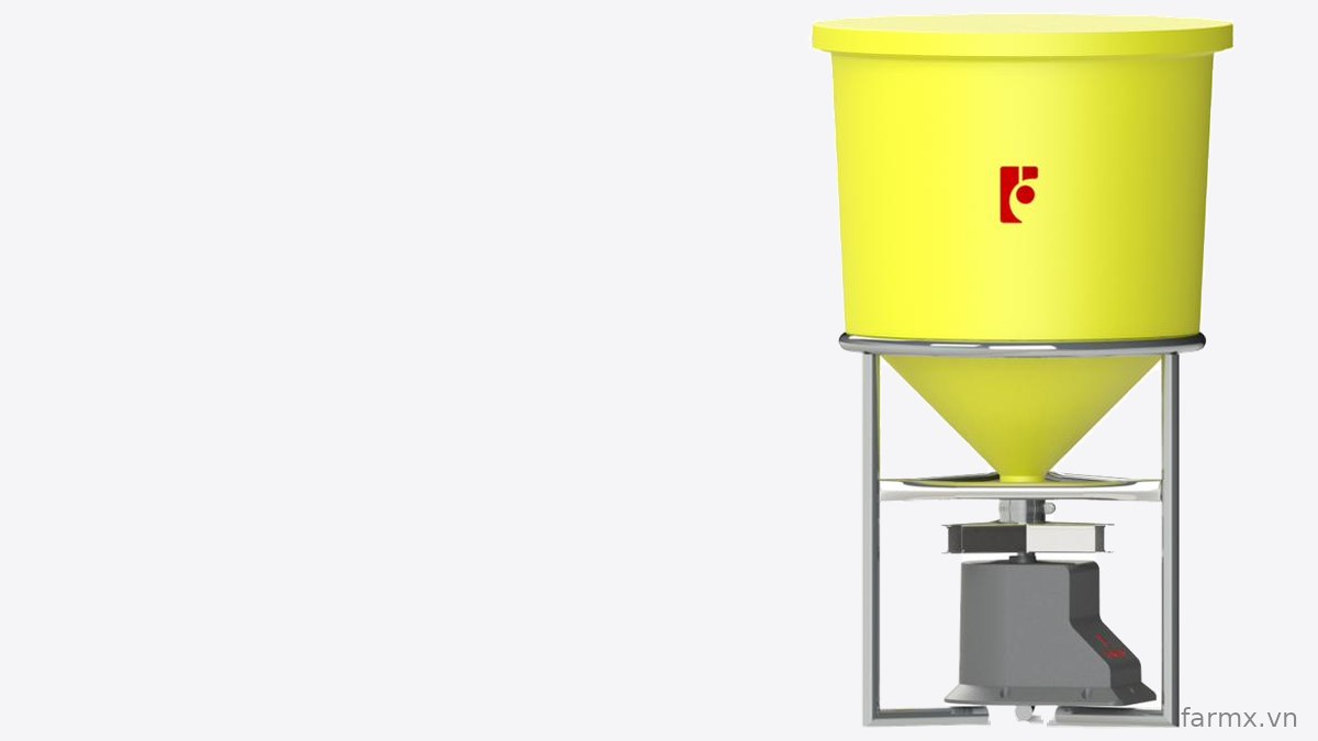 Máy cho tôm ăn FarmX T30 phễu nhựa vàng nhìn thẳng, thấy khung inox, đĩa rải và núm vặn chỉnh lượng cám