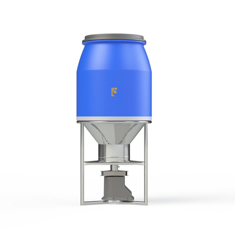 Máy cho tôm ăn FarmX T50 phễu inox sáng nhìn thẳng, khung inox, đĩa rải và núm vặn chỉnh lượng cám