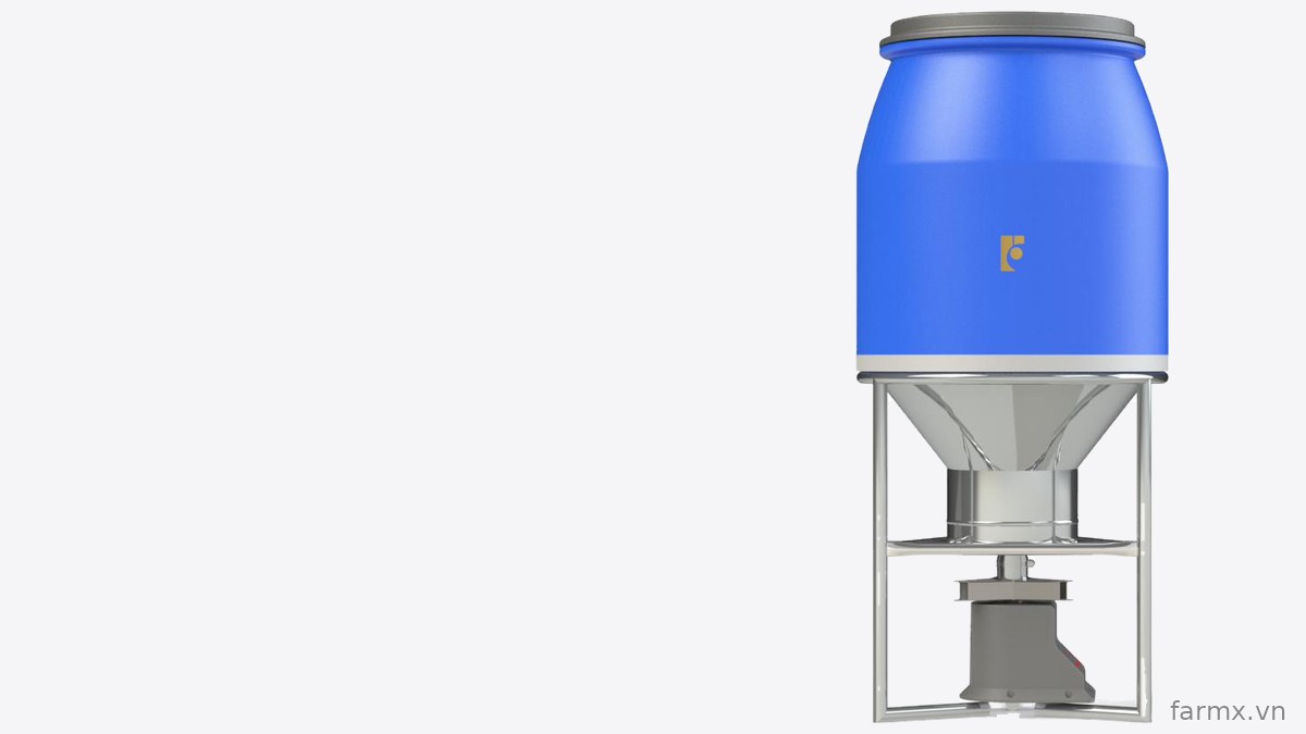 Máy cho tôm ăn FarmX T50 phễu inox sáng nhìn thẳng, khung inox, đĩa rải và núm vặn chỉnh lượng cám