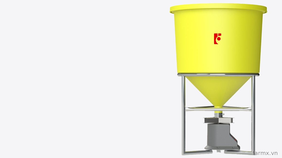 Máy cho tôm ăn FarmX T50 phễu nhựa vàng cỡ hai bao nhìn thẳng, thấy khung inox, đĩa rải và núm chỉnh lượng cám