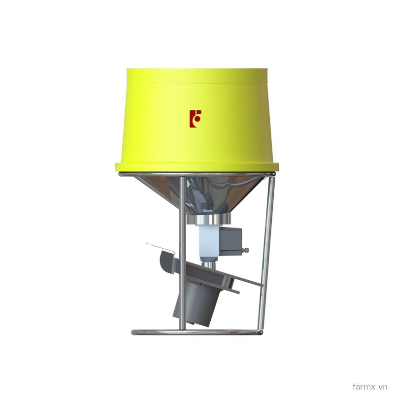 Máy cho tôm ăn FarmX XP50 phễu vàng nhìn ngang, thấy khung inox chân đế và mô tơ nghiêng gắn dưới đáy phễu