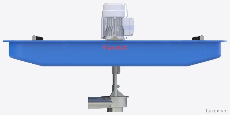 Bơm sục khí FarmX kiểu đặt trên phao, thấy hộp mô tơ, trục nghiêng và chân vịt có lồng bảo vệ