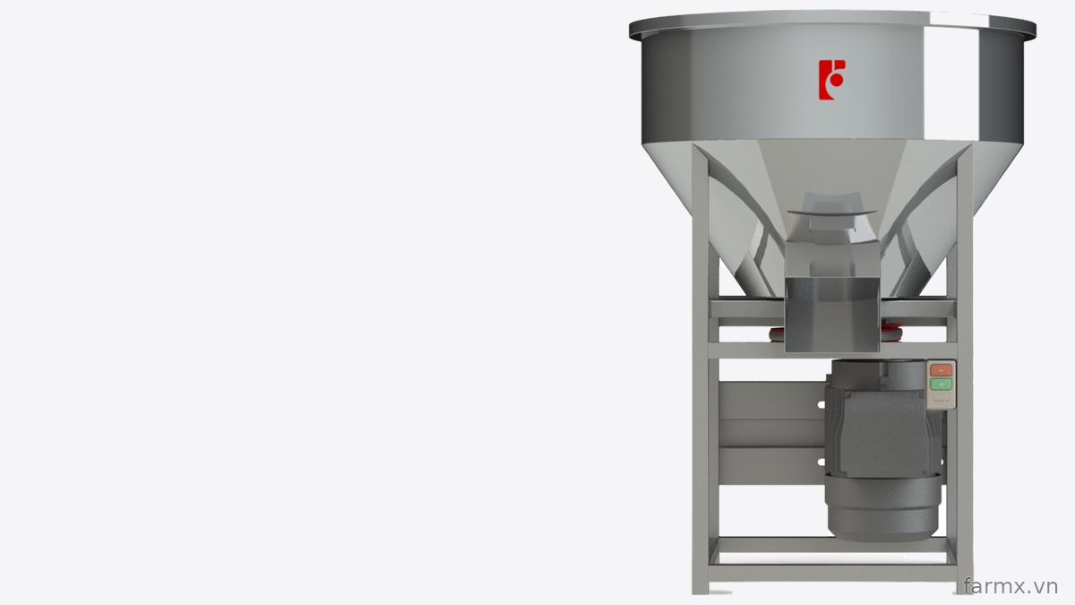 Máy trộn thức ăn FarmX MT50 thùng inox 304 nhìn thẳng, khung chân vuông, hộp số và mô tơ gắn dưới đáy thùng