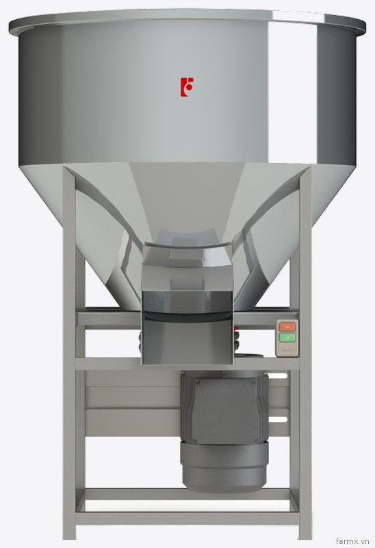 Máy trộn thức ăn FarmX MT75 thùng inox 304 nhìn thẳng, khung chân vuông, nút bật tắt đỏ xanh bên hông khung