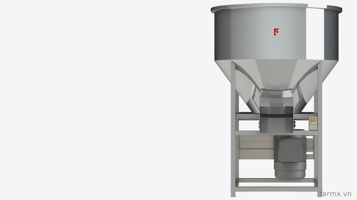 Máy trộn thức ăn FarmX MT75 thùng inox 304 nhìn thẳng, khung chân vuông, nút bật tắt đỏ xanh bên hông khung