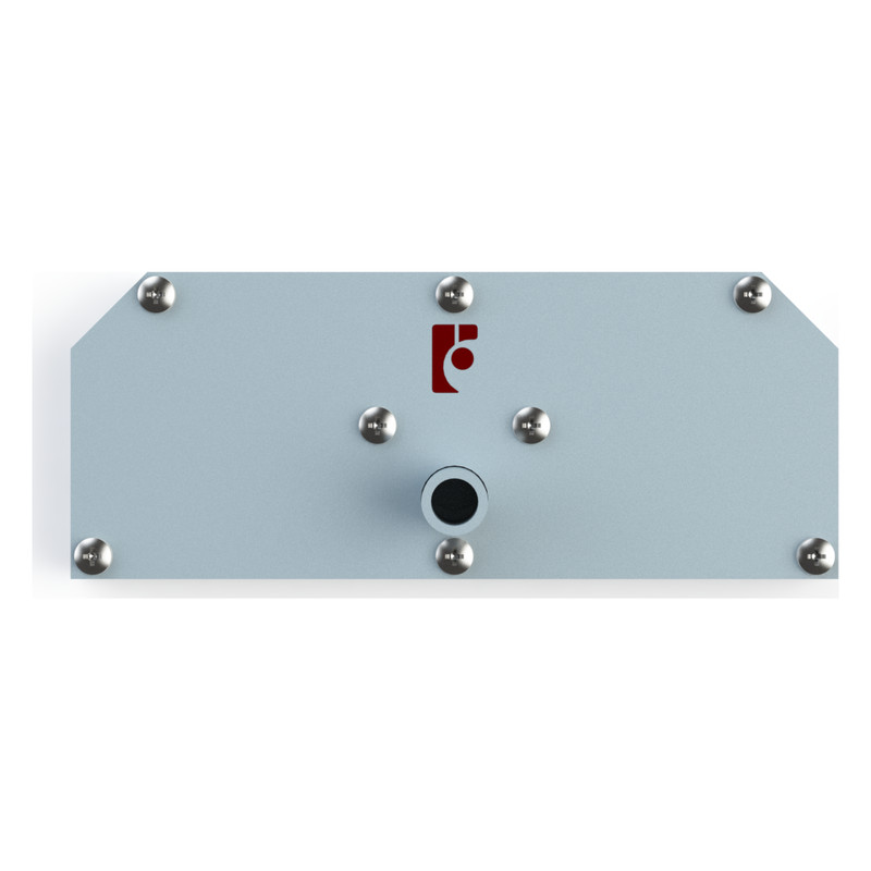 Đĩa tia FarmX 4 tia bằng inox, tấm dẹt chữ nhật, tám vít bắt quanh, giữa có ống nối đứng, logo FarmX