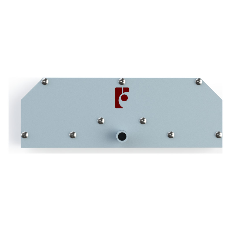 Đĩa tia FarmX 6 tia bằng inox, tấm dẹt chữ nhật dài, mười vít bắt quanh, giữa có ống nối đứng, logo FarmX